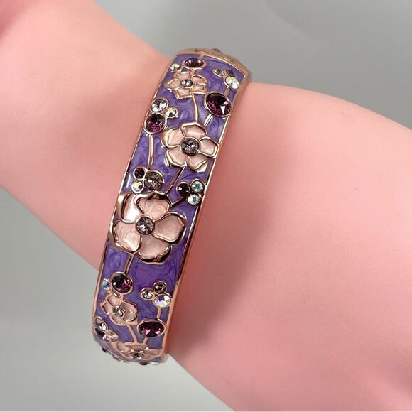 Danbury Mint Cherry Blossom Copper Magnet Bangle Bracelet Hinged Enamel Purple - Picture 3 of 8